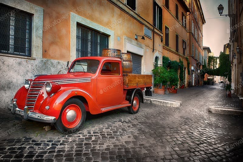 Epic Red Car in Retro background Mockup.