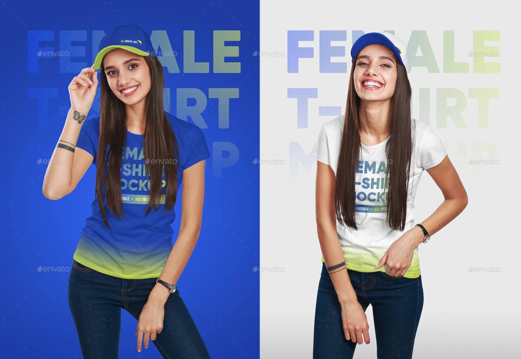 Female T-Shirt and Baseball Cap Mockup Vol2