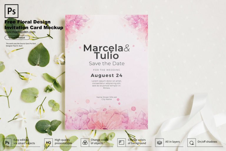 Free Floral Design Invitation Card Mockup PSD Template