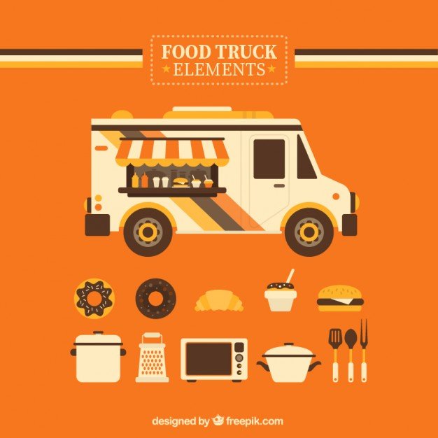 Food Truck And Other Elements In Orange Background Vector.