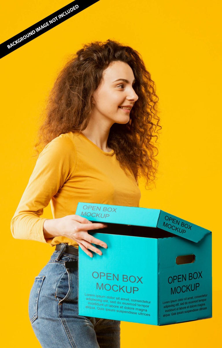 Free Woman Holding Open Box Mockup PSD Template