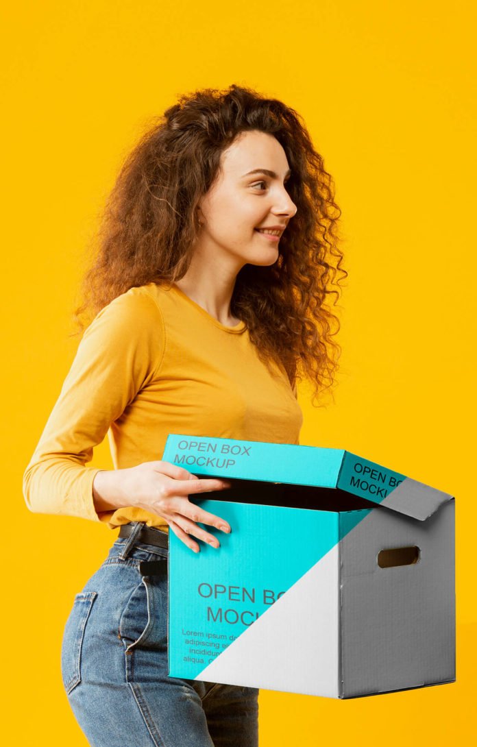 Download Free Woman Holding Open Box Mockup PSD Template