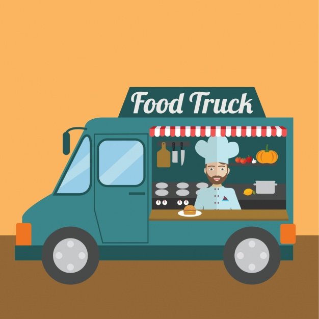 Free Vector Of A Food Truck In Yellow Background.