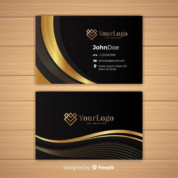 Golden Curve Shade Printed Business Card On Wooden Table Mockup