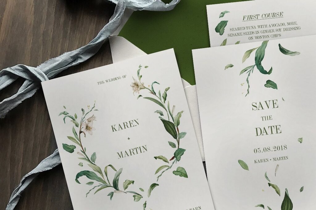 Green Foliage Wedding Card Mock Up