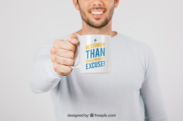 Guy holding a coffee cup PSD Design template