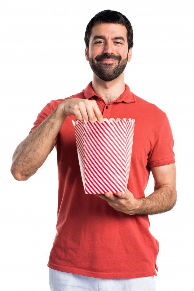 Happy Man picking popcorn PSD Design