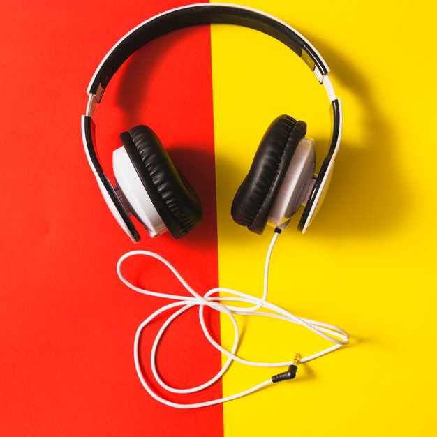 Headphone Placed On A Dual Red And Yellow Colored Background Mockup.