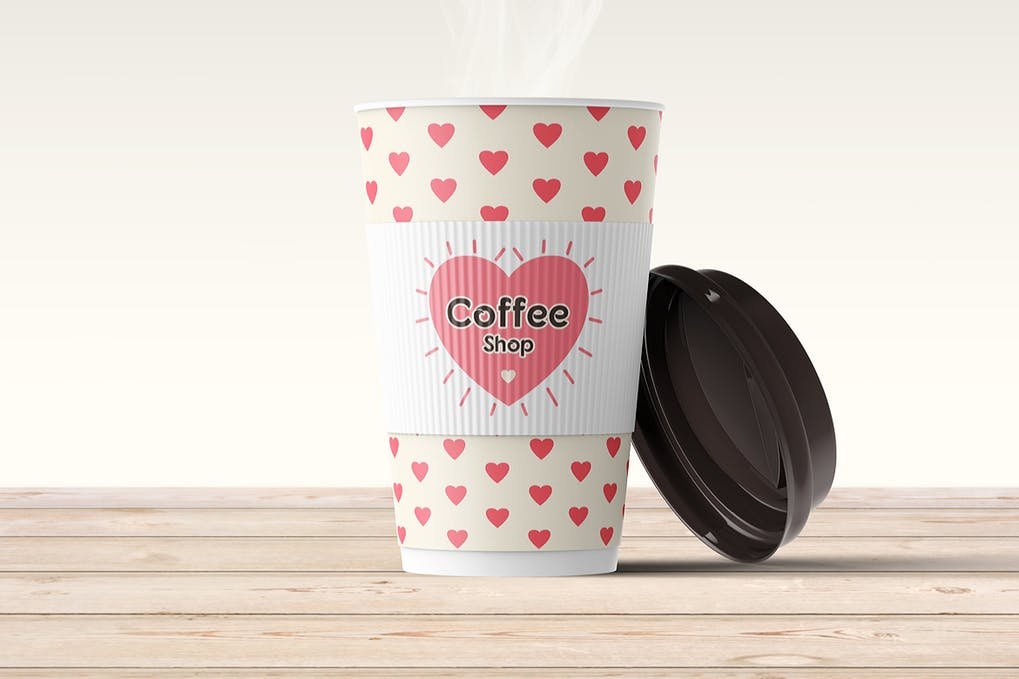 Heart Printed Paper Cup With Black Lid Mockup