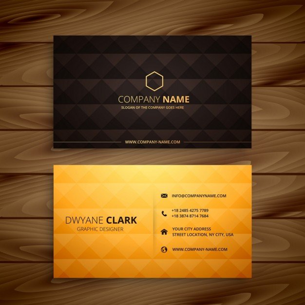 Hexagon Shape Print Black And Golden Business Card Kept On Wooden Table Mockup