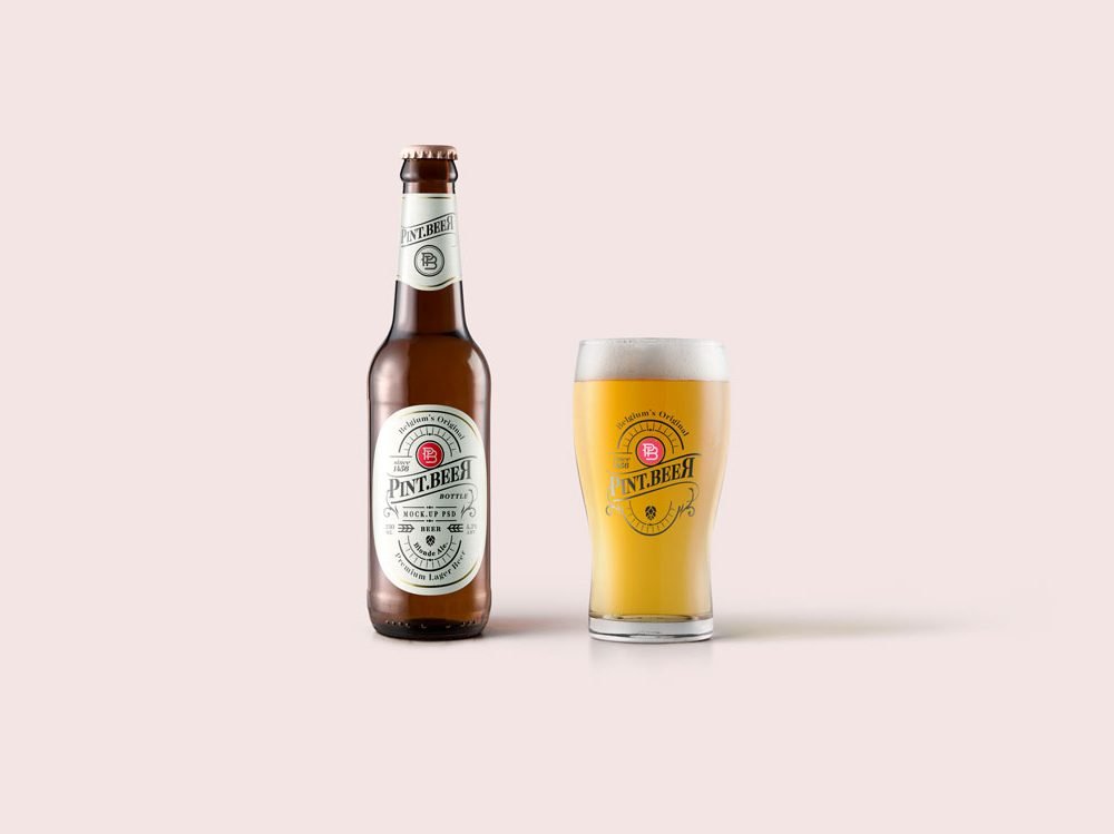 Ideal Beer Bottle And Glass Mockup.