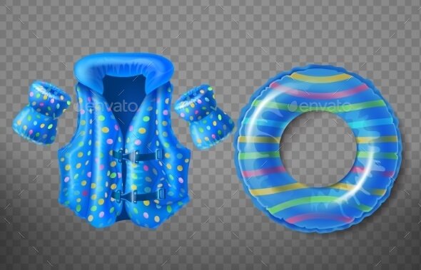 Inflatable Life Vest, Swim Ring And Arm Guard Illustration.