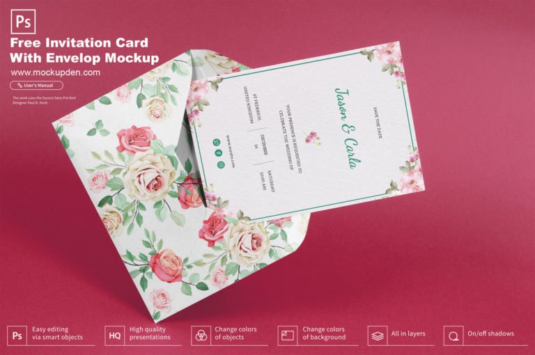 Free Invitation Card With Envelop Mockup PSD Template