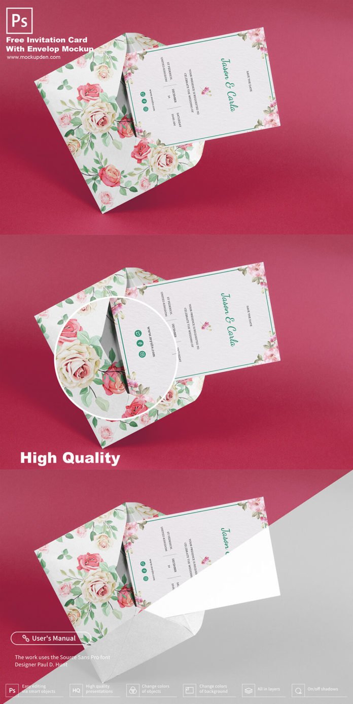 Free Invitation Card With Envelop Mockup PSD Template