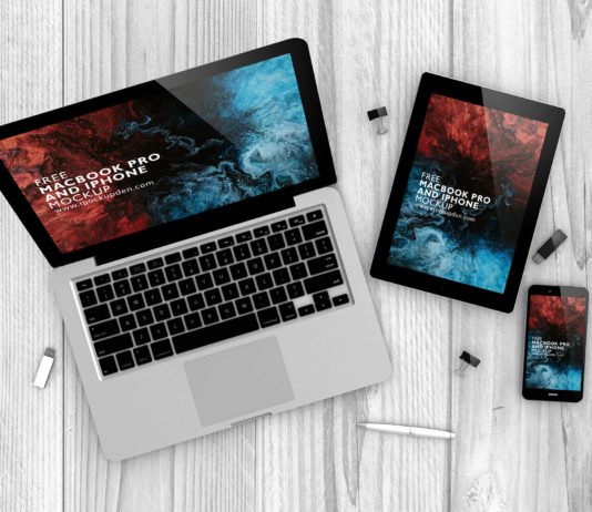 Free MacBook Pro and iPhone Mockup PSD Template