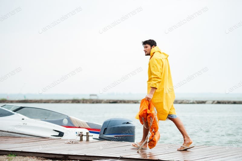 Man Holding Life Vest At Pier Template.