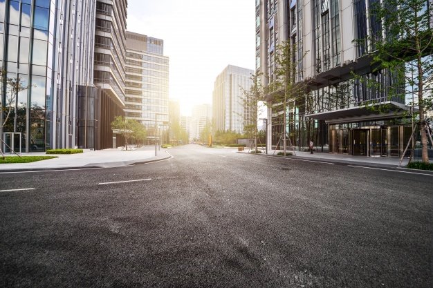 Modern Building With Lonely Road Mockup