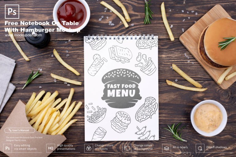Free Notebook On Table With Hamburger Mockup PSD Template