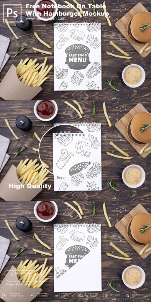 Free Notebook On Table With Hamburger Mockup PSD Template