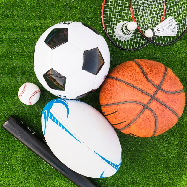 Overhead View Of Different Types Of Sports Equipment PSD File.