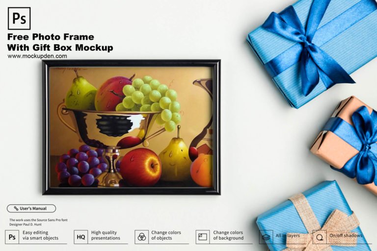 Free Photo Frame With Gift Box Mockup PSD Template