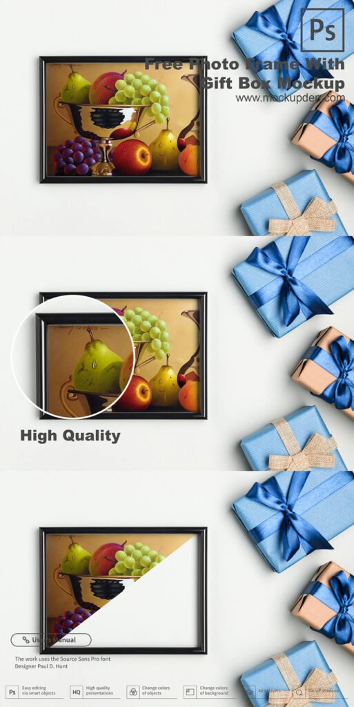Free Photo Frame With Gift Box Mockup PSD Template