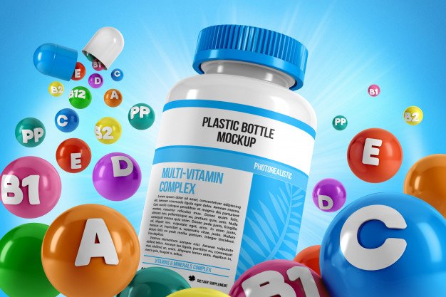 Pills bottle with flying vitamins mockup Premium Psd