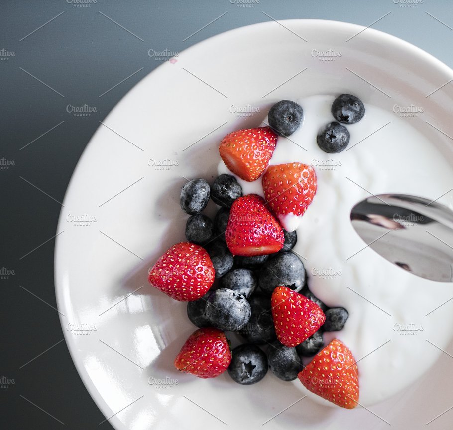 Plate Full of Yogurt, strawberries and blueberries Mockup