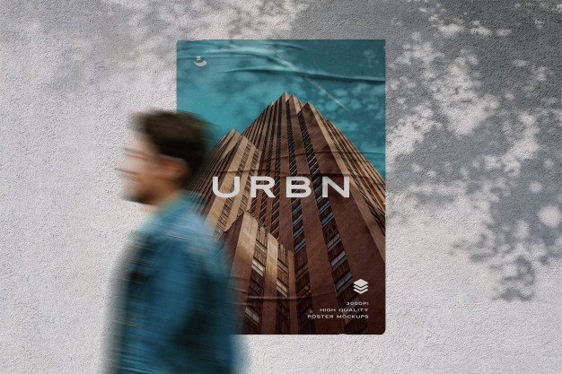 Poster on the wall with glued effect mockup Premium Psd