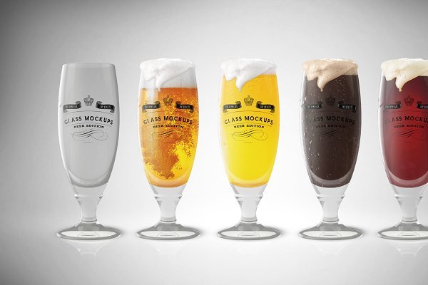 Realistic Five Beer Glasses In Different Colors Mockup PSD