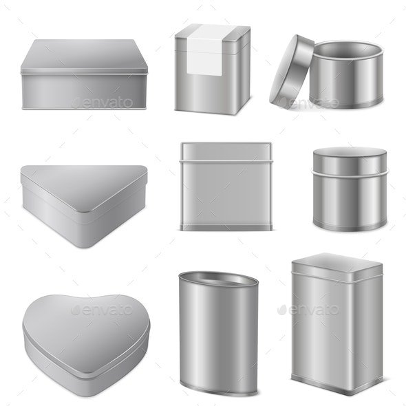 Realistic Tin Boxes Packaging Set