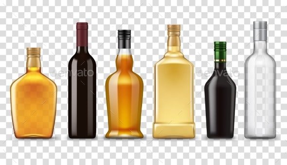 Realistic Whiskey, Vodka, Rum and Wine Bottles
