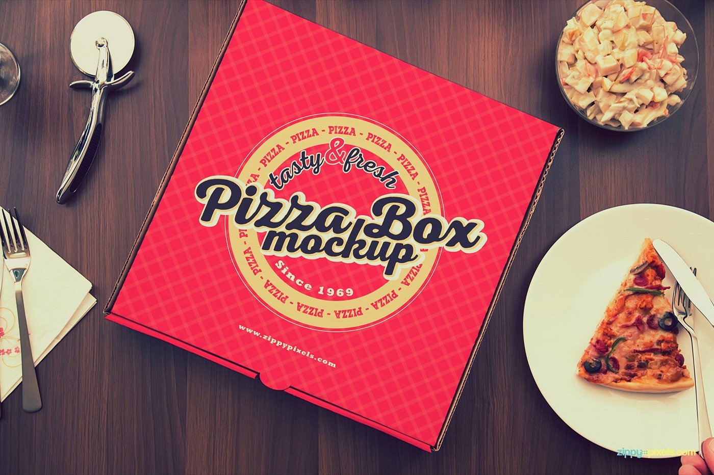 Red Square Pizza Box PSD Mockup