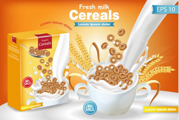 Rye cereals in milk splash realistic mockup Premium Vector