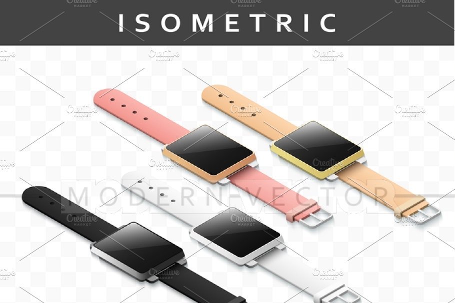 Set realistic smart watch isometry