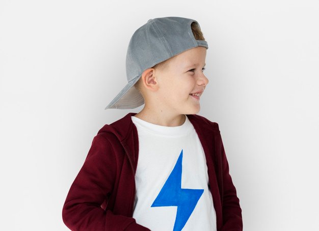 Small Boy Wearing Round Grey Color Snapback Cap