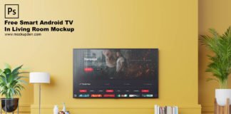 Free Android Smart TV In Living Room Mockup PSD Template