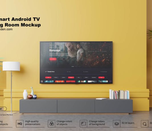 Free Android Smart TV In Living Room Mockup PSD Template