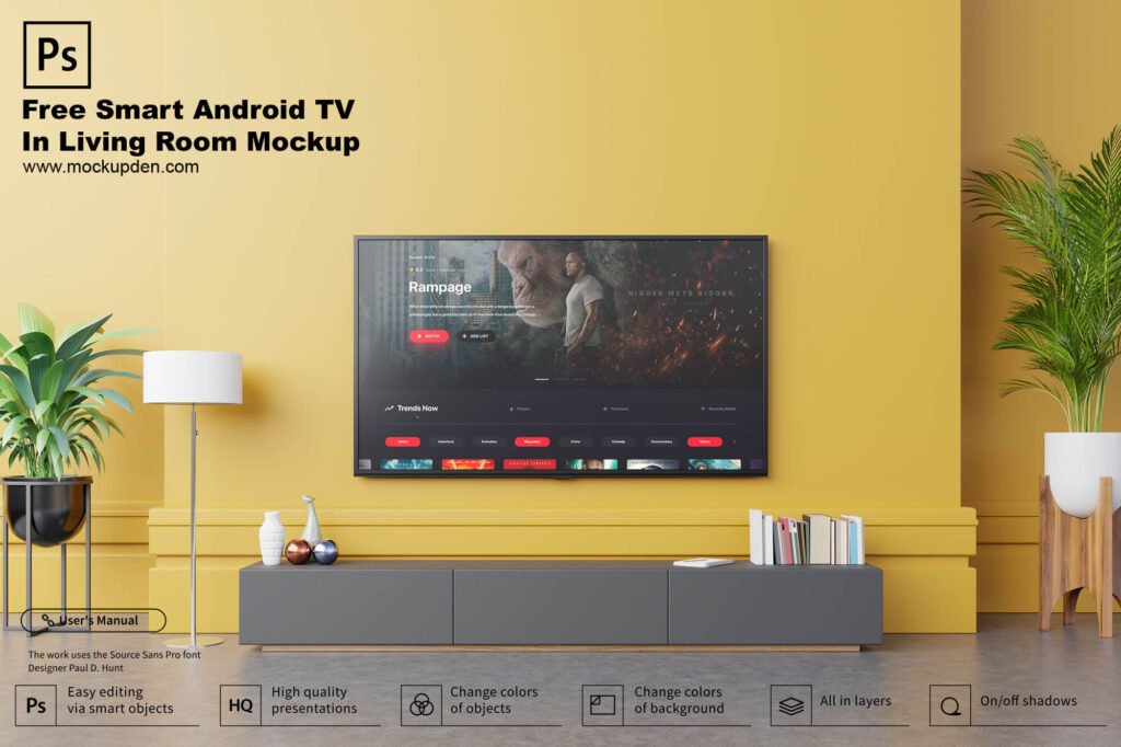 Download Free Android Smart TV In Living Room Mockup PSD Template