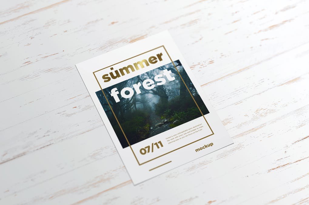 Summer Forest Poster Mockup With White Wooden Background
