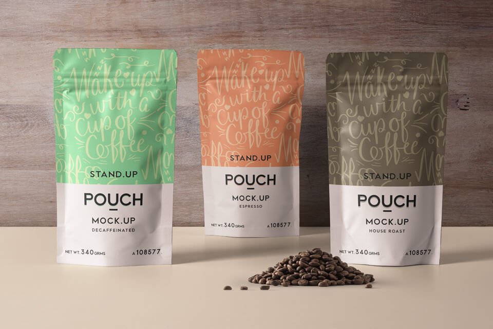 Three Colorful Coffee Packaging Pouch Mockup