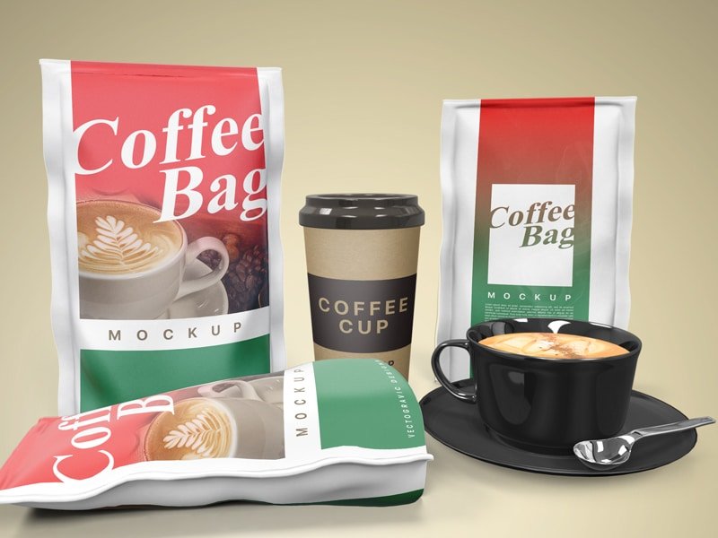 Three Designing Coffee Packaging Bag With Brown Coffee Cup Mockup