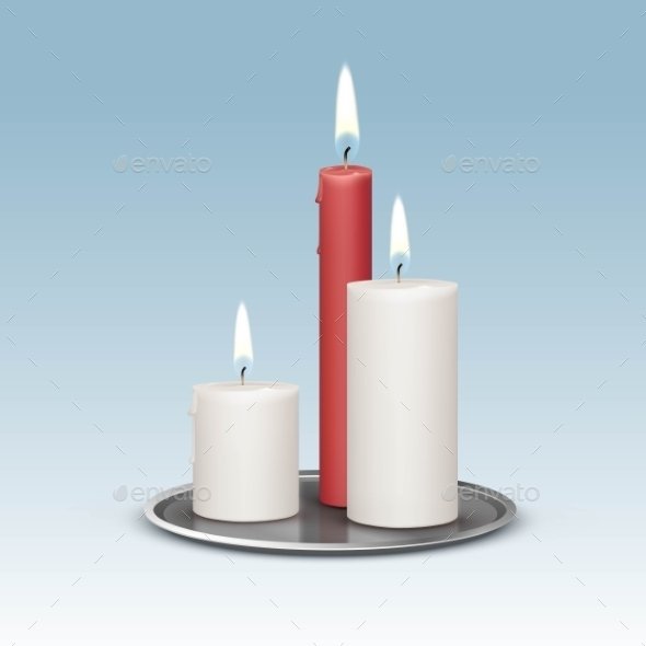 Three Different Color Candle On Steel Tray Design PSD Template