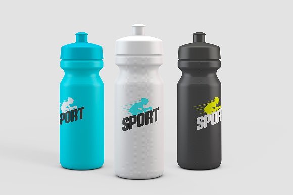 Three Different Color Sports Plastic Bottle Mockup