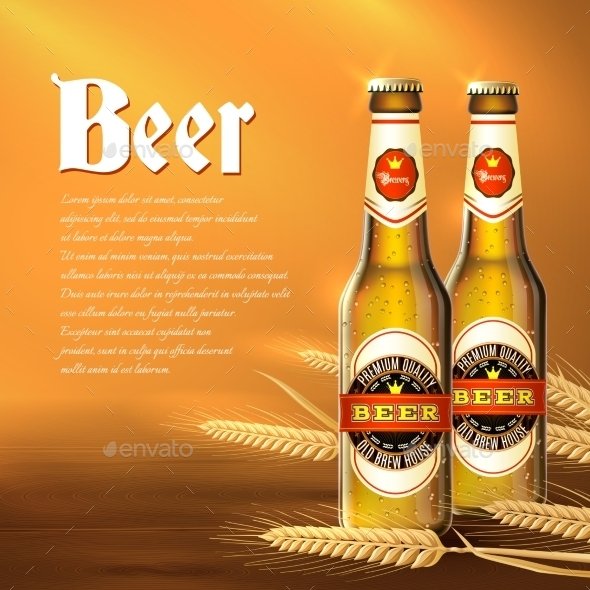 Two Beer Bottle In Orange Background PSD Template. 