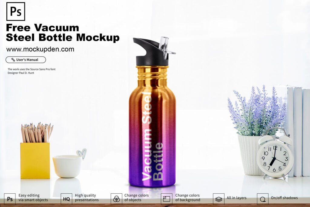 Download Free Vacuum Steel Bottle Mockup PSD Template - Mockup Den