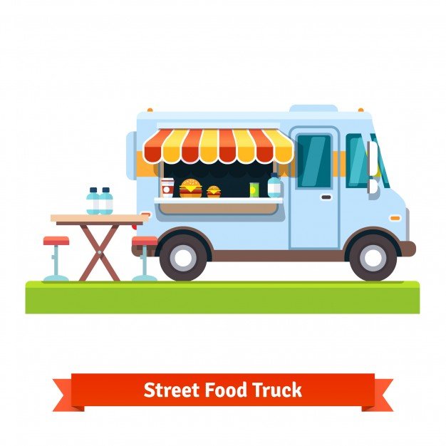 Vector Of A Food Truck In the Street Illustration.