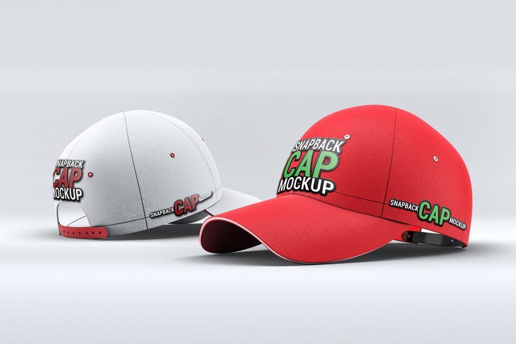 White And Red Color Two Snapback Hat Illustration Showcasing Clean Grey Color Background