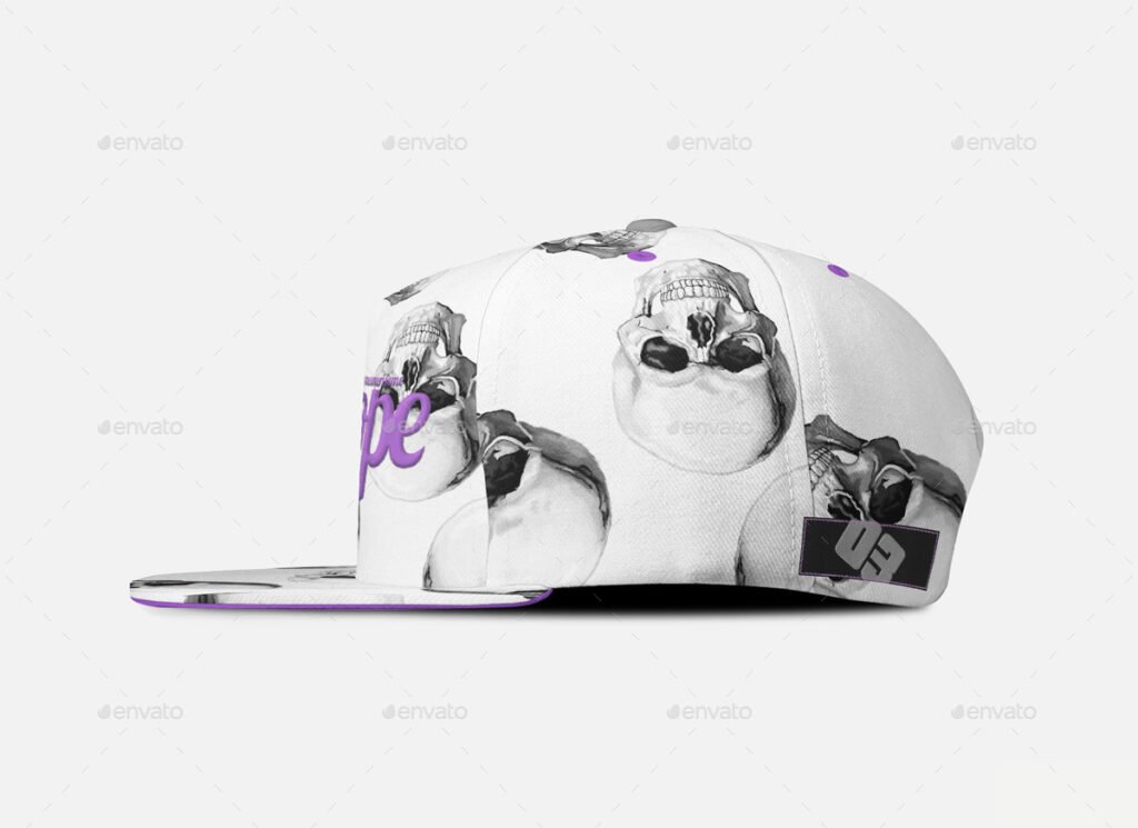 White Color Snapback Cap Illustration With Skull Sketch Printed
