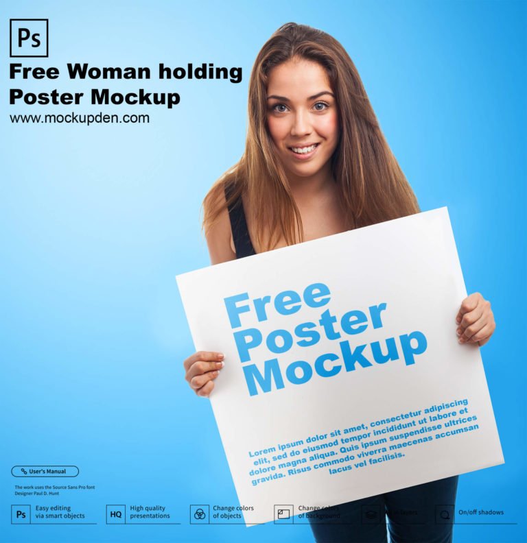Free Woman Holding Poster Mockup PSD Template